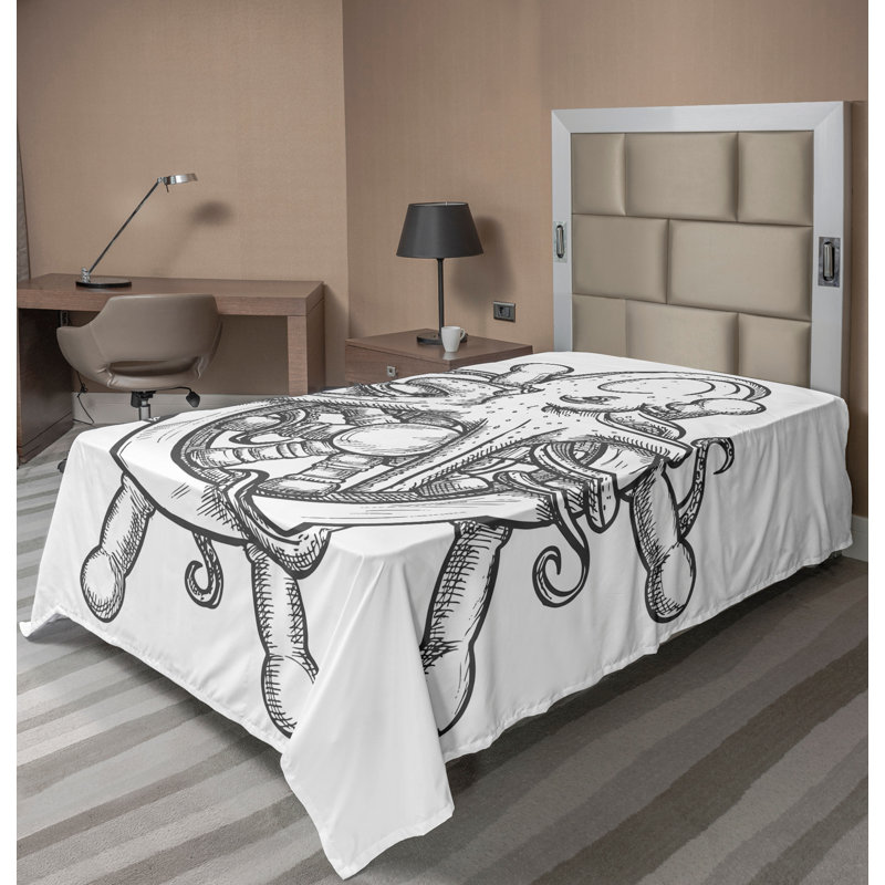 «Ambesonne» Octopus, plateau, drap plat, croquis, voilier, roue, noir, blanc, Drap plat pour lit simple TG