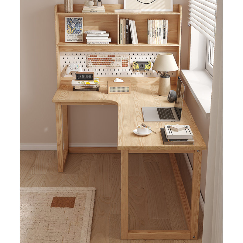 Bureau en bois massif en forme de L Burlywood + blanc + fer, H 61,02 po x l 70,87 po x P 47,24 po, Retour à gauche