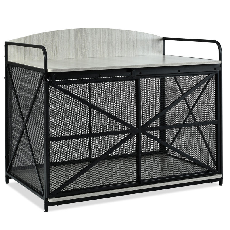 Style chenil pour chien gris - grande cage en bois pour chiens de taille moyenne, table de bout intérieure avec rangement et rangement coulissant pour meubles exclusifs, porte, convient aux chiens