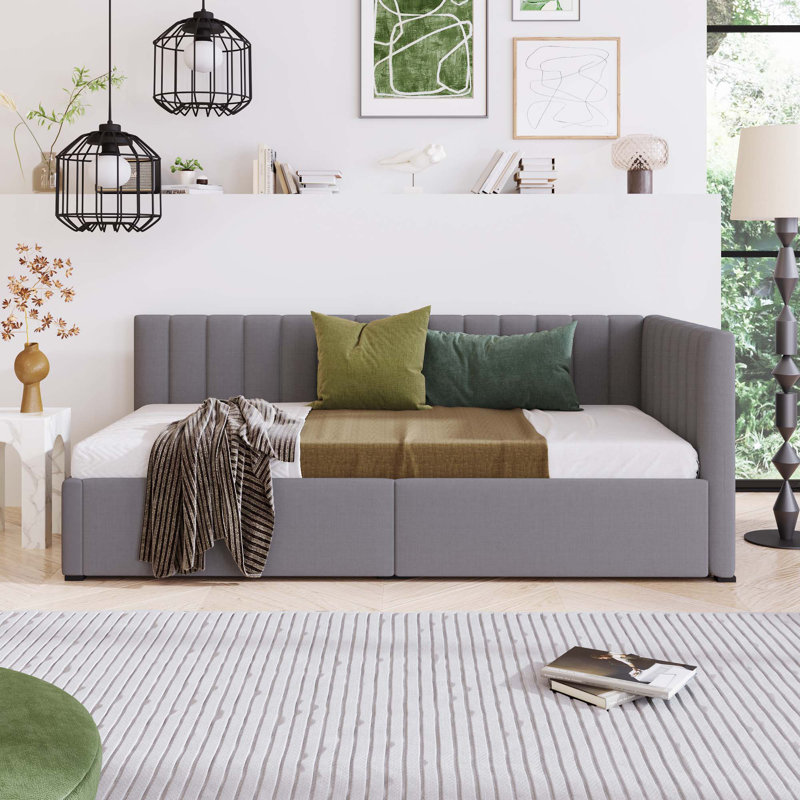 Upholstered Daybed with 2 Storage Drawers Twin Size Sofa Bed Frame No Box Spring Needed, Linen Fabric, Gray