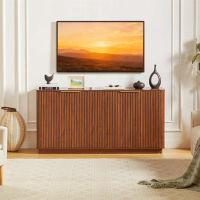 Elegant 63 Inch Vertical Stripe Sideboard With Storage, Curved Wave Design, TV Stand For Modern Living Spaces