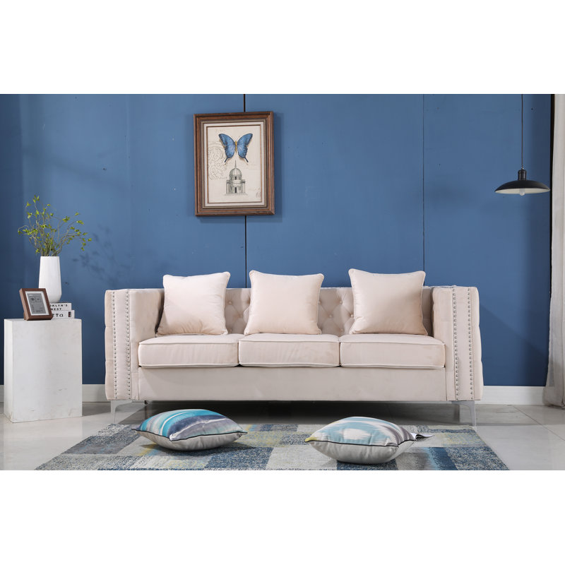 Habbe 84.6'' Velvet Sofa, Beige Velvet