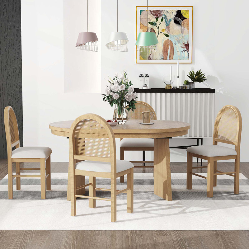 Ensemble de salle à manger 5 pièces, 1 table extensible avec une rallonge de 16 pouces, Bois naturel patiné / beige