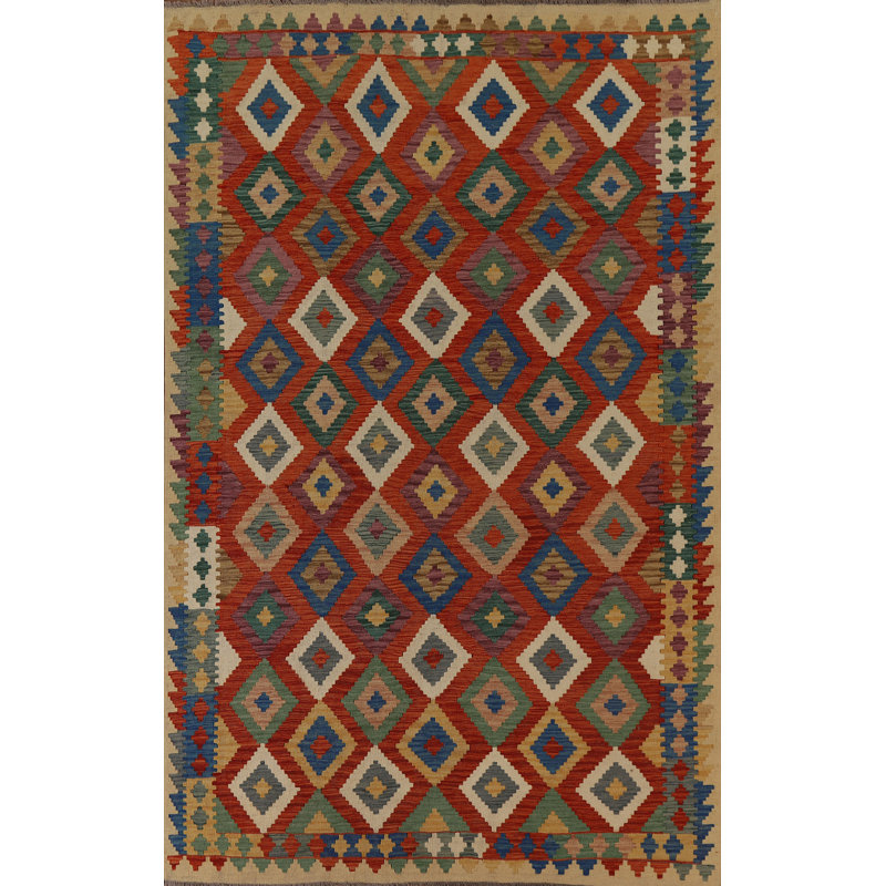 Tapis orange / rouille géométrique en laine tissé à plat à la main et rectangulaire 6 pi 7 po x 9 pi 5 po