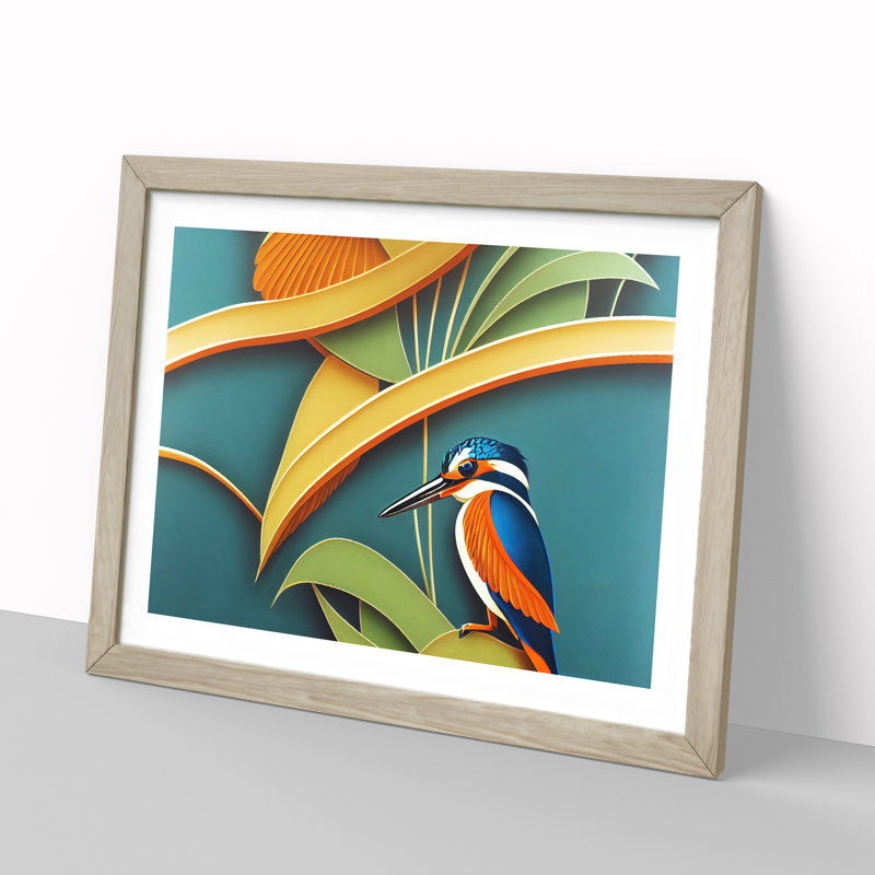 Kingfisher Deco Style - Framed Print, 25cm H x 34cm W x 2cm D, Oak