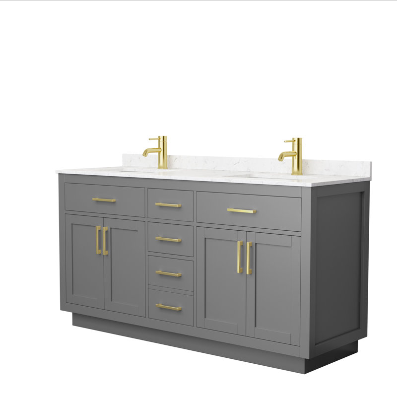Beckett TK 66'' W Double Vanity, Carrara Cultured Marble, Brushed Gold, Dark Gray