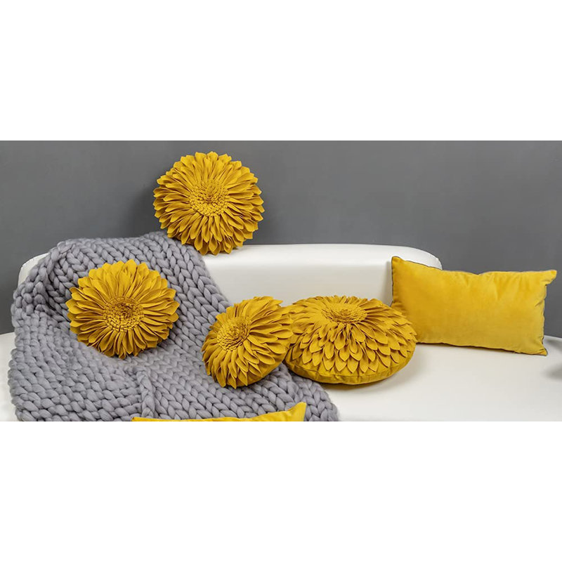 Appliqued Throw Pillow 3D Sunflower Accent Pillow Cover & Insert, Square 14", A Gold Yellow Canvas & Wool