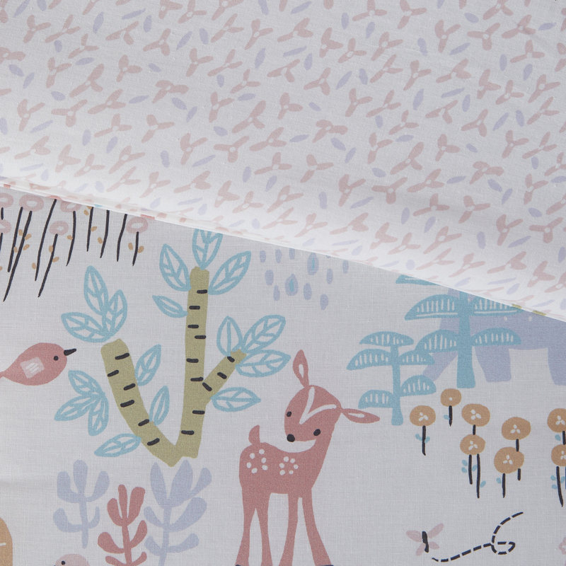 Iris Woodland Animals Cotton Reversible Comforter, Twin Comforter + 1 Shams + 2 Throw Pillows