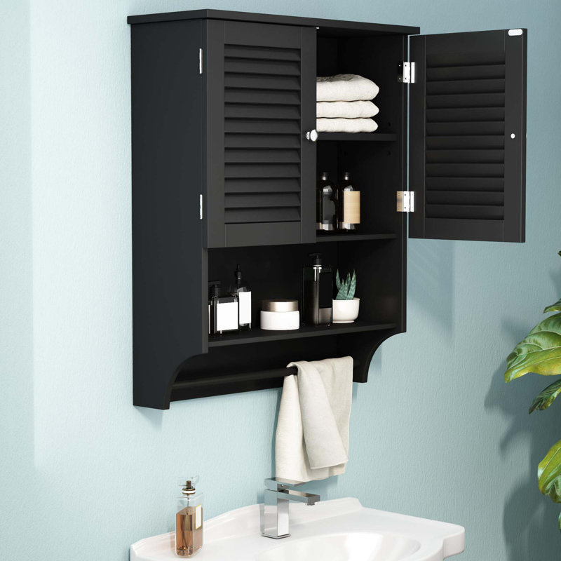 Armoire de salle de bain murale avec portes à persiennes, tablette ouverte, tablettes réglables et barre à serviettes, Noir