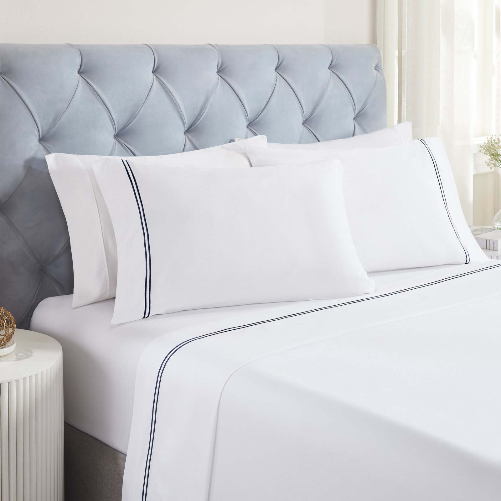 Two-Line Embroidered Cotton Sheet Set, California King Sheet Set with 2 Pillowcases, White/Navy Blue