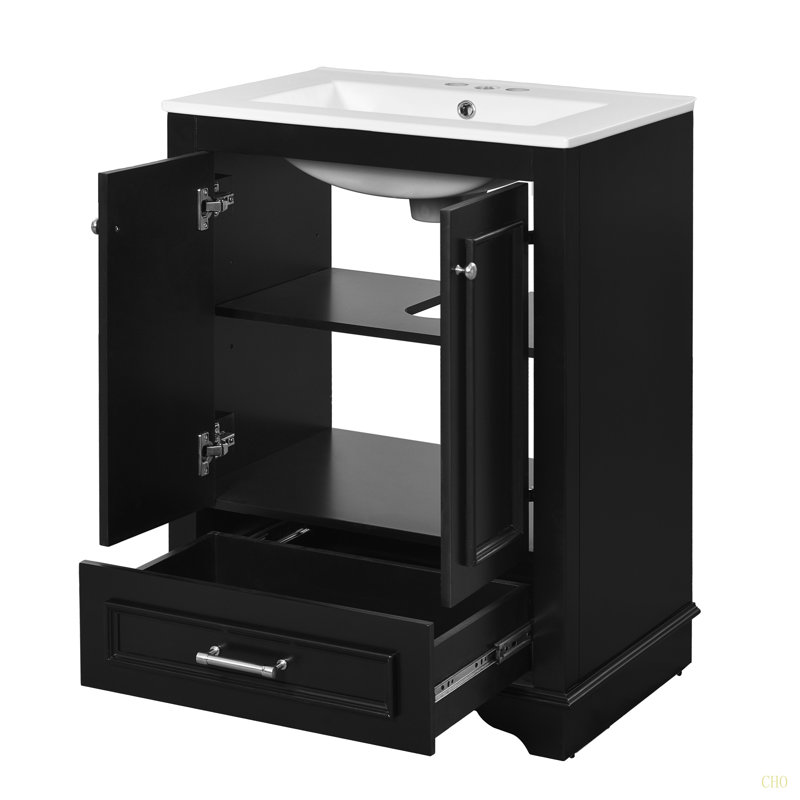 Meuble-lavabo 24 po avec lavabo en céramique, armoire de rangement autoportante moderne avec poignées, portes à fermeture douce