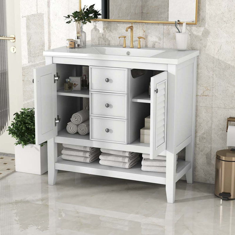 Meuble-lavabo 36 po avec lavabo en céramique, deux armoires et tiroirs, Blanc