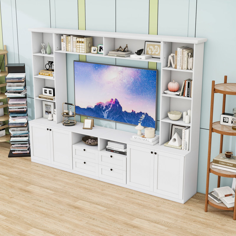 Meuble audio-vidéo avec tablettes et tiroirs, White