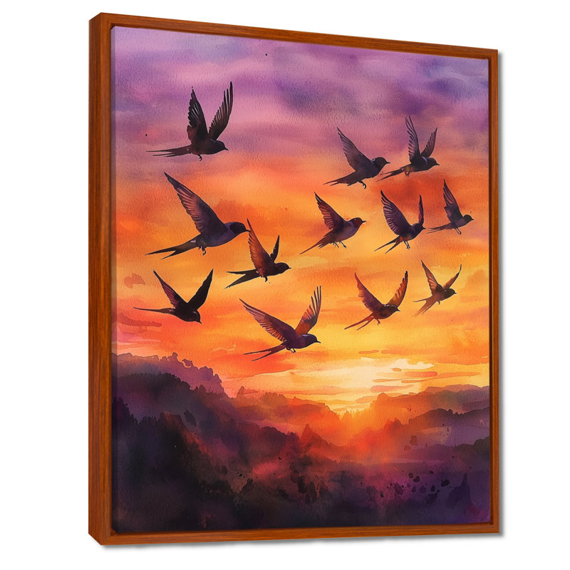 Lavande, hirondelles, oiseaux au coucher du soleil II - décoration murale oiseau, H 32 po x l 24 po, Brun