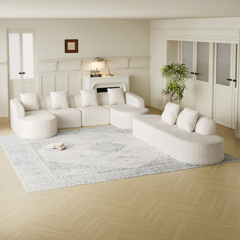 Canapé incurvé modulaire avec méridienne en polyester texturé litchi et très large, Polyester blanc