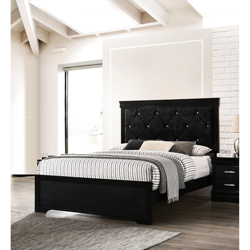 Lit simple à finition noire avec tête de lit tapissier - Tissu de chambre à coucher moderne en bois et capitonnage à boutons Essential