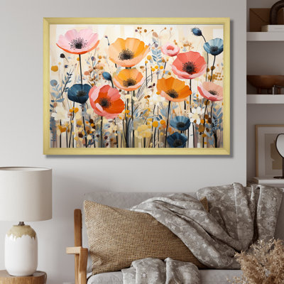 «Coral Orange Whimsical Botanical Wilds I - Abstract Botanicals», reproduction sur toile encadrée