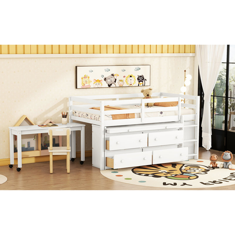 Lit mezzanine simple blanc avec bureau latéral et 4 tiroirs, lit utilitaire en bois massif Maximize, Lit simple, Blanc