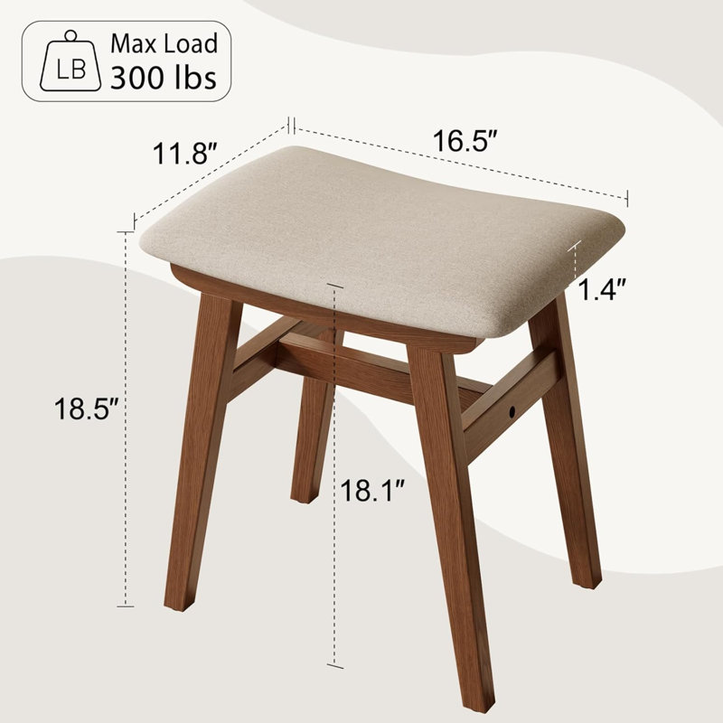 Tabouret de coiffeuse en bois massif, fauteuil de maquillage compact avec coussin de selle, siège en éponge recouvert de lin, repose-pieds facile à assembler pour la chambre à coucher, le vestibule, la maison, le noyer