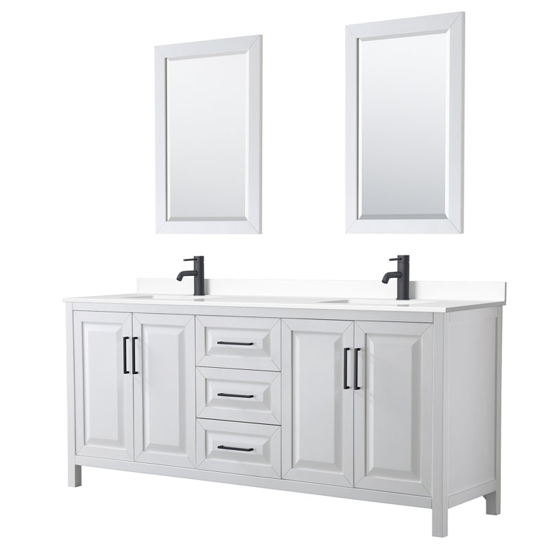 Daria 80'' Double Bathroom Vanity with Marble Top with Mirror, White, Polished Chrome, Carrara Cultured Marble