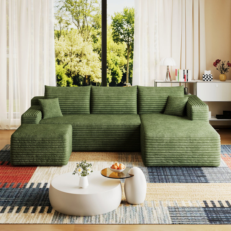 Canapé modulaire rembourré en U avec repose-pieds, Green Corduroy, Right Hand Facing