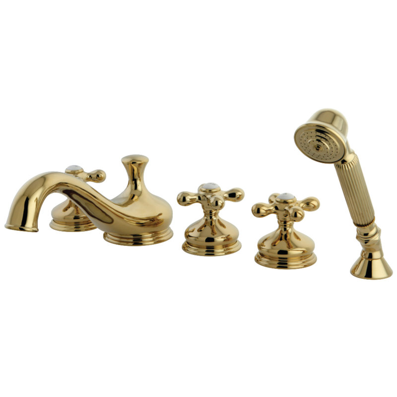 Kingston Brass Milano Three-Handle 5-Hole Deck Mount Roman Tub Faucet with Hand Shower, Polished Brass
