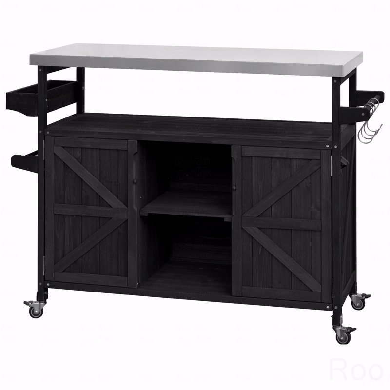 Kitchen Island Table, Outdoor, Rolling Bar Cart And Storage Cabinet, Farmhouse Solid Wooden Outdoor Grill Table With Stainless Steel Top, Spice Rack, Towel Rack