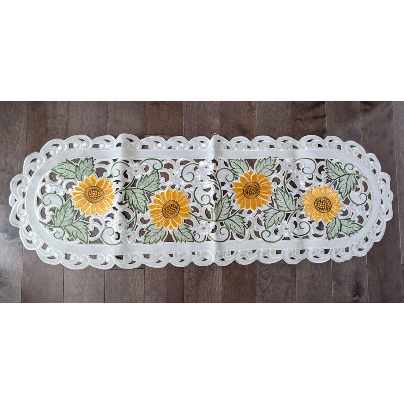 Sunflower Embroidered Cutwork Rectangular Table Runner, 45" L x 16" W