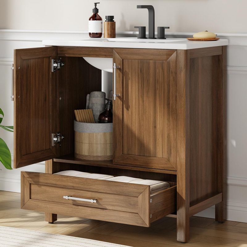 Meuble-lavabo de salle de bain avec lavabo en céramique, armoire de rangement avec tiroir et 2 portes à fermeture douce, 30"