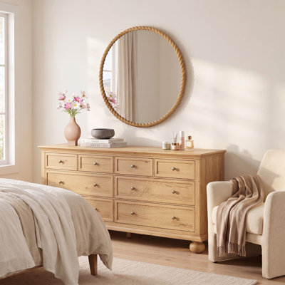 Miroir mural rond avec cadre en bois texturé corde torsadée, miroir décoratif de ferme