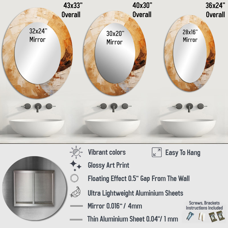 Beige Spiral Poteries - Miroir mural ovale beige, 36 po x 24 po
