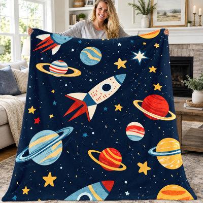 Jeté de fusée 1pc, couverture de flanelle de vaisseaux spatiaux étoiles de dessin animé, couverture légère douillette et confortable pour canapé-lit, canapé-lit, bureau, voyage, décoration intérieure, cadeau toutes saisons