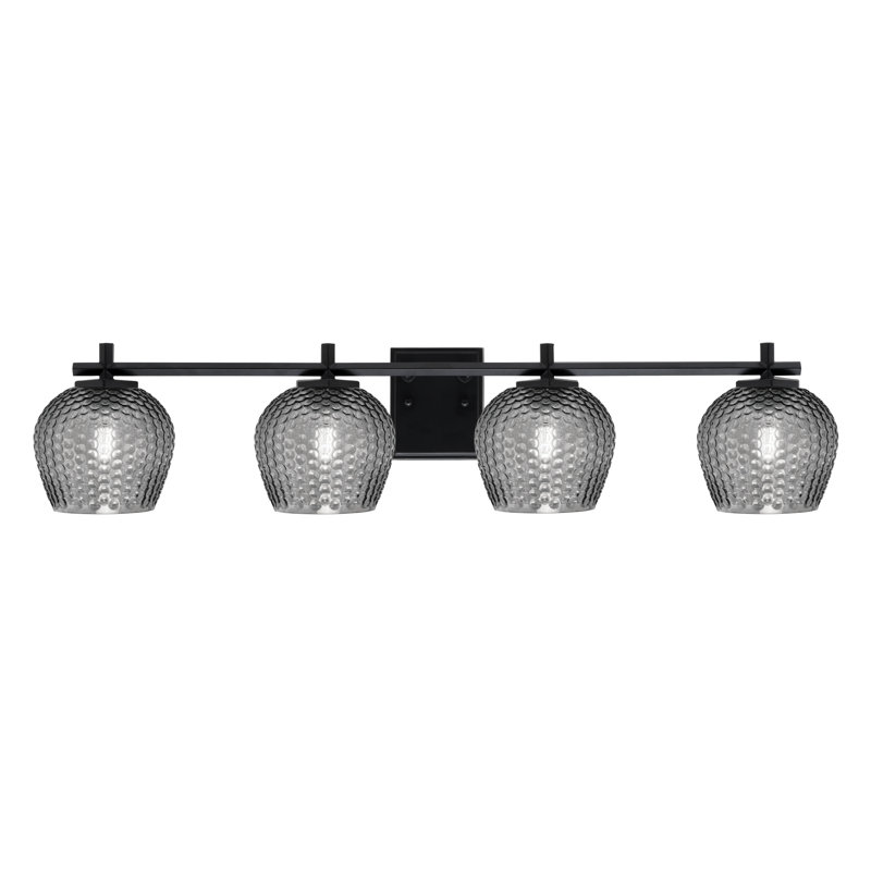 Barre d'éclairage de salle de bain 4 lumières Finola avec verre texturé turquoise 6 po, Noir mat, Noir / transparent