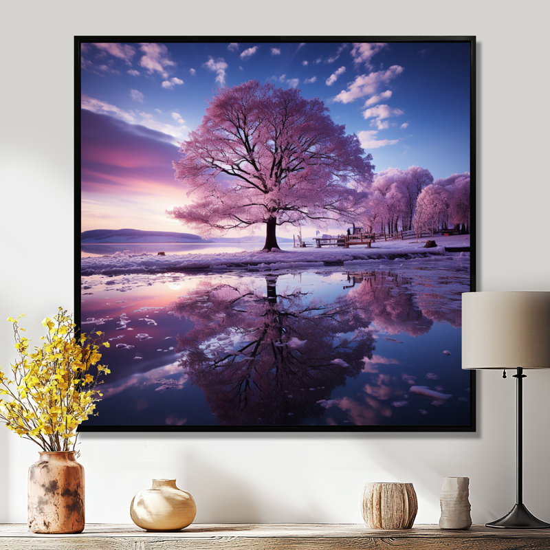 Arbre rose dans le lac matin de Noël enneigé - rivière, art mural salon, Toile avec cadre flottant noir