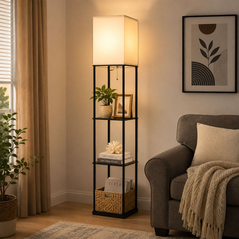 Floor Lamp with 3 Tier Shelves and Adjustable LED Lighting