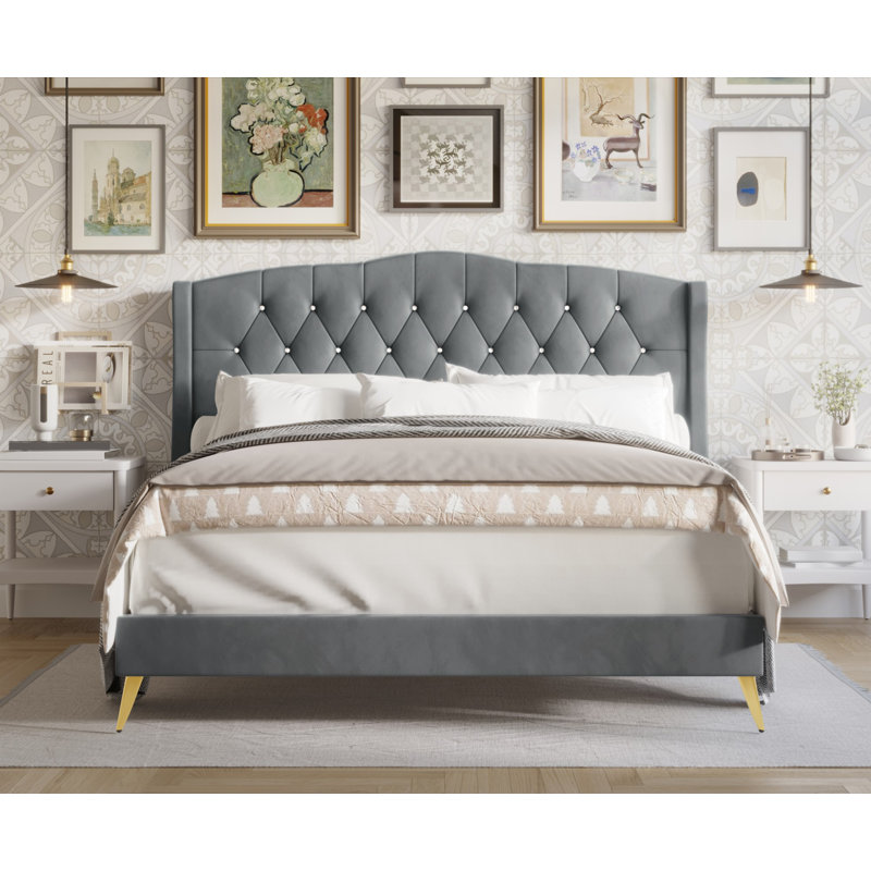 Lit plateforme tapissier Dwaylon, Gris clair, Grand