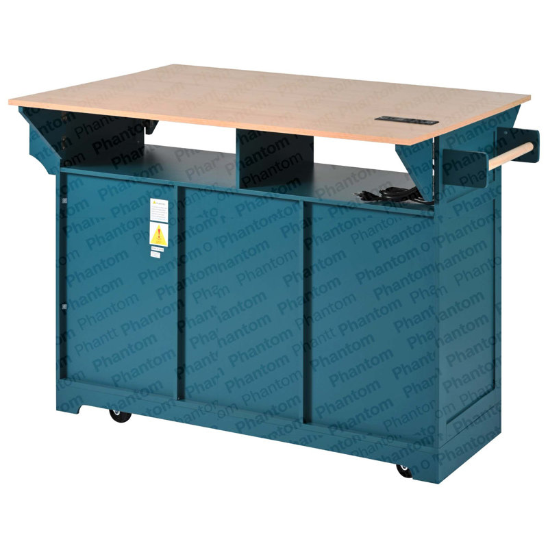 Grand îlot de cuisine 55,7 po avec 2 abattants K&K, chariot de cuisine roulant sur 5 roulettes avec prise de courant, table de salle à manger pliante avec porte-épices et porte-serviettes, 3 tiroirs, pour la cuisine, la salle à manger, vert