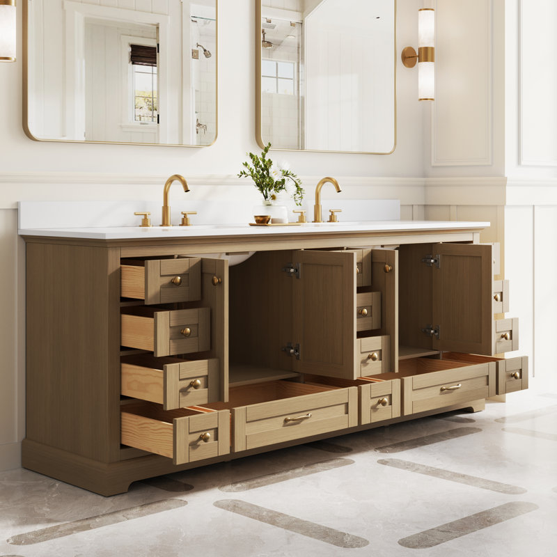 84''Wx34.2''H Freestanding Bathroom Vanity With White Cultured Marble Countertop And Sink,Oak, Oak, Gold, 84"