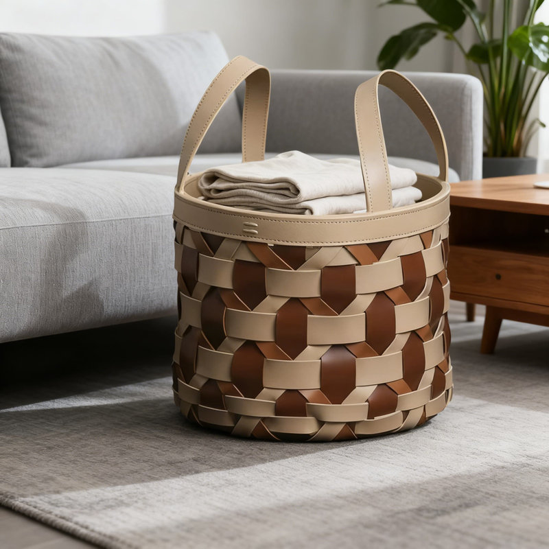 1Pcs,Handwoven Leather Laundry Basket - Stylish Storage Organizer With Durable Stitching And Trendy Color Block Design, Multi-Functional As A Fashionable Carryall