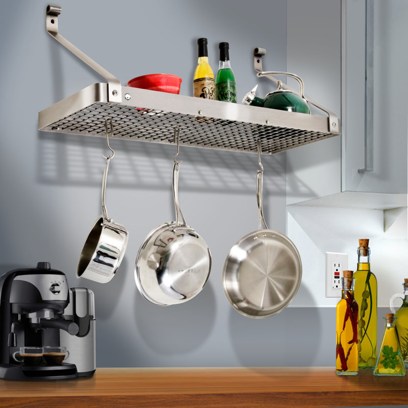 Gourmet USA Handcrafted Wall Mounted Pot Rack, Stainless Steel, 14" H x 36" W x 9" D