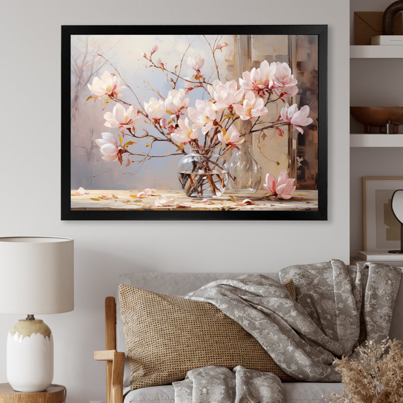 " Pink Beige Magnolias Romantic Impression ", Cadre simple noir, H 12 po x l 20 po x P 1 po