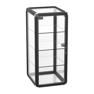 L 14 po x H 27 po x P 12 po - Vitrine de comptoir en verre trempé noir et aluminium