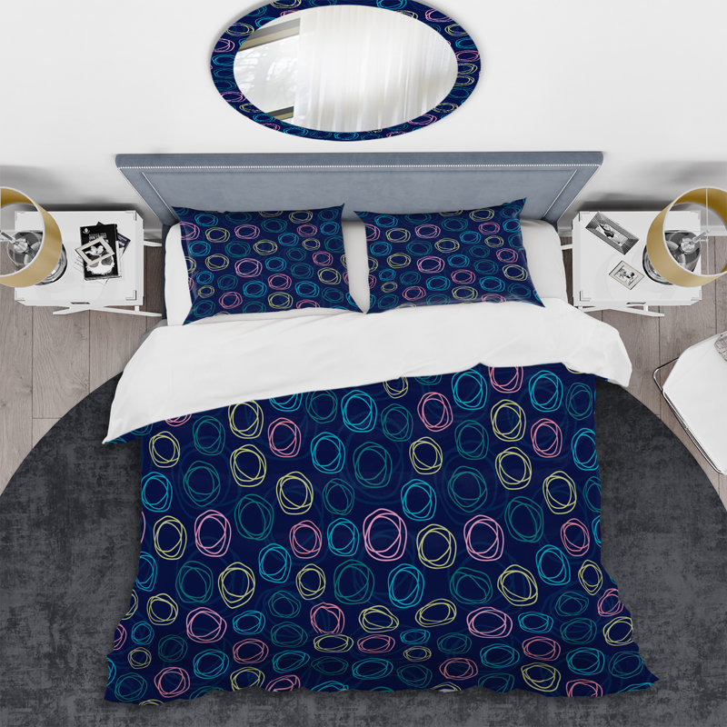 Motif de cercles bleus et roses - ensemble de housse de couette abstrait - microfibre de polyester