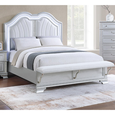 Transitional Full Size Bed With Soft Fabric, Built-in Bench, Gray Finish, Led Illumination Fabric Upholstery, Color, Lights
