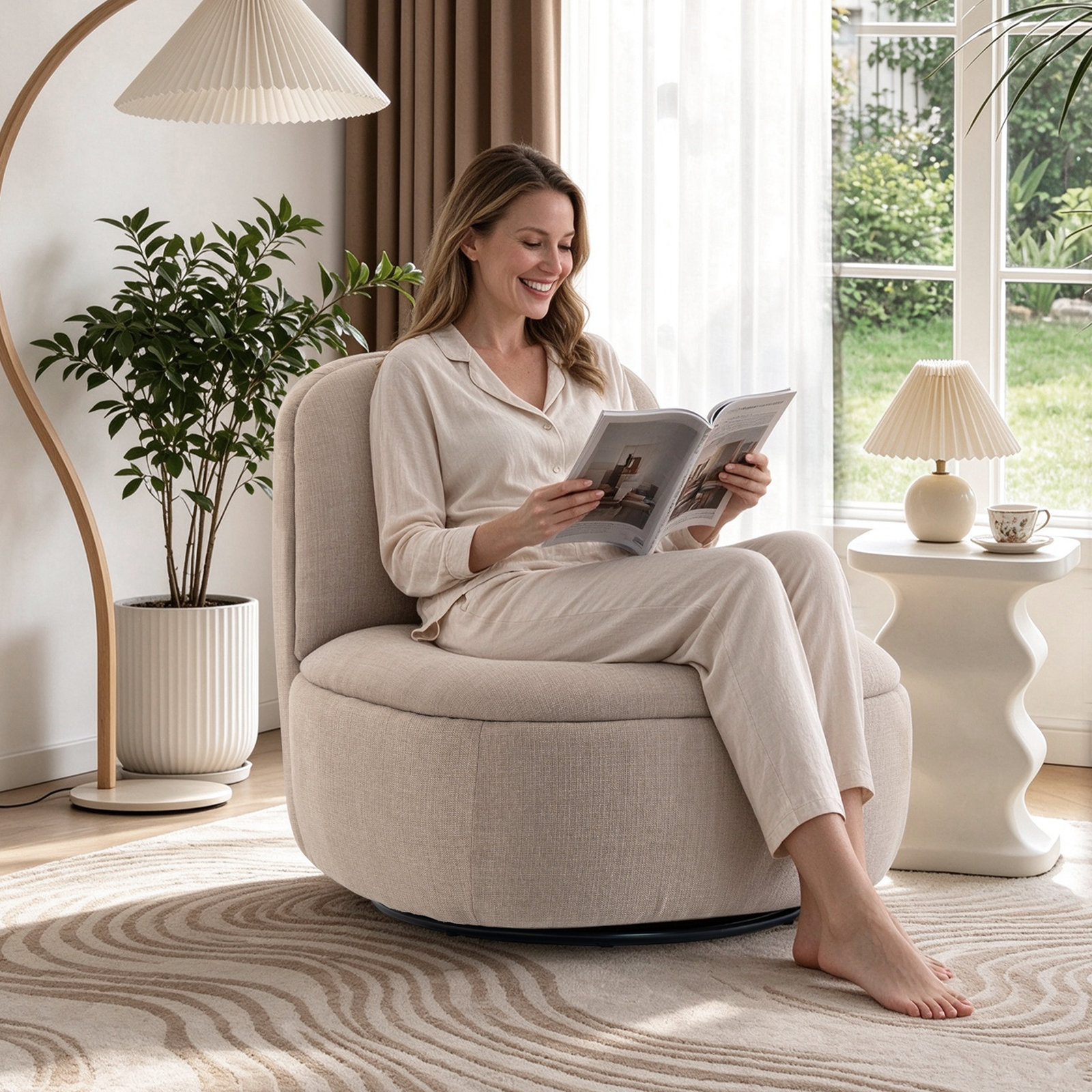 Modern  SwivelAccent Chair, Light Brown Polyester