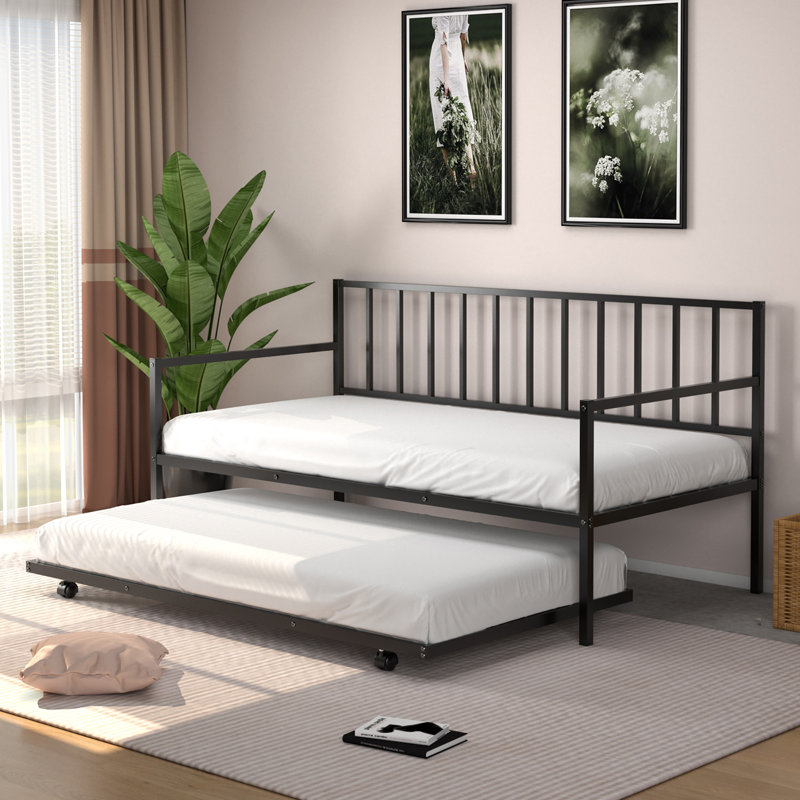 Aishia Steel Daybed with Trundle Bed, Black