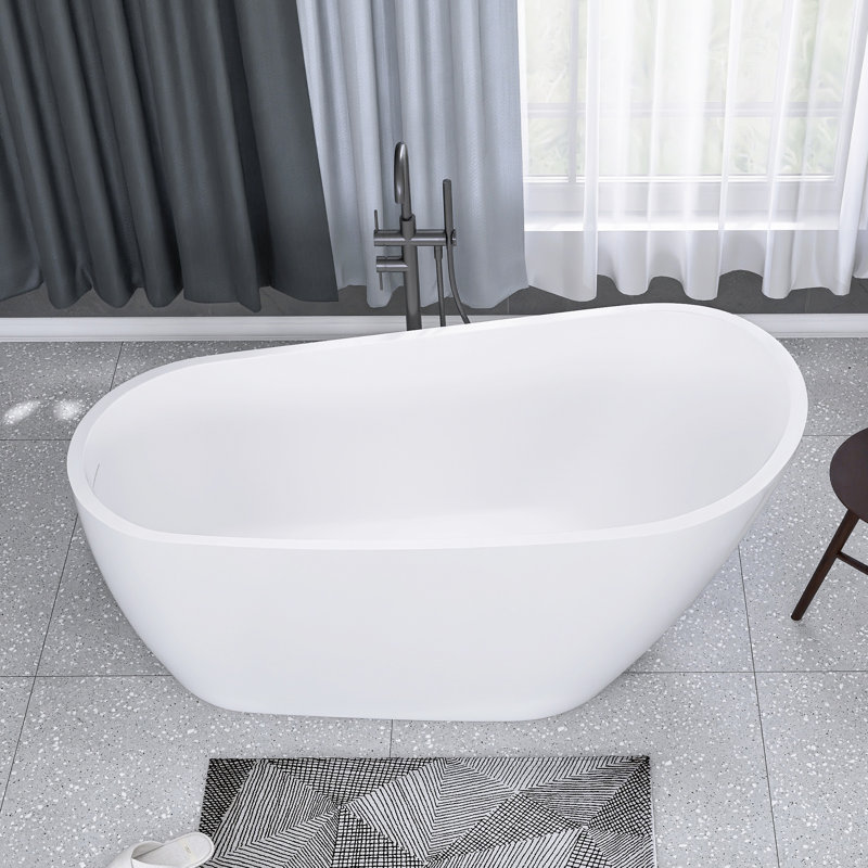 59 Inch Acrylic Freestanding Bathtub In Glossy White | Stylish Deep Soaking Bathtub  |  Pop-Up Drain  |  Integrated Overflow