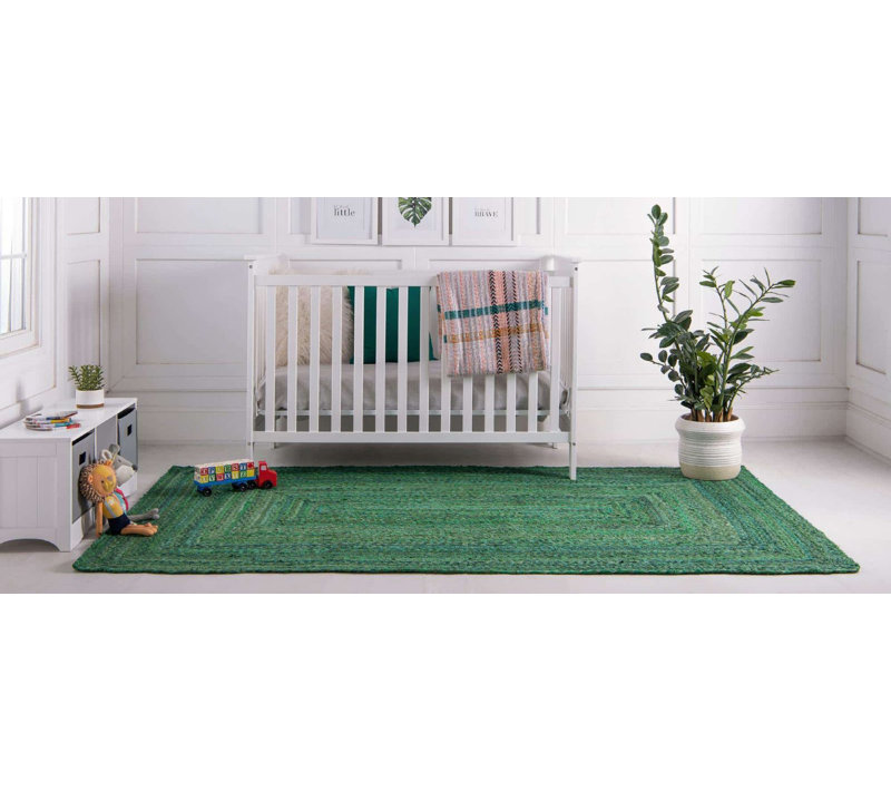 Tapis vert en coton tressé à la main Awena, Rectangulaire 8 pi x 10 pi