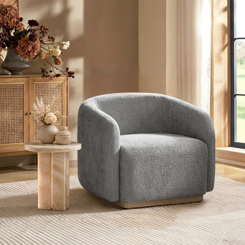 Berklie 35"W Modern Boucle Chenille Swivel Armchair with Solid Wood Base, Gray
