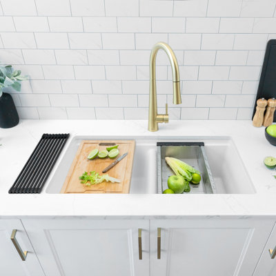 33 in. x 18 in. Granite Composite, White 50/50 Double Bowl Undermount or Drop-In Kitchen Sink with Build-in Accessories